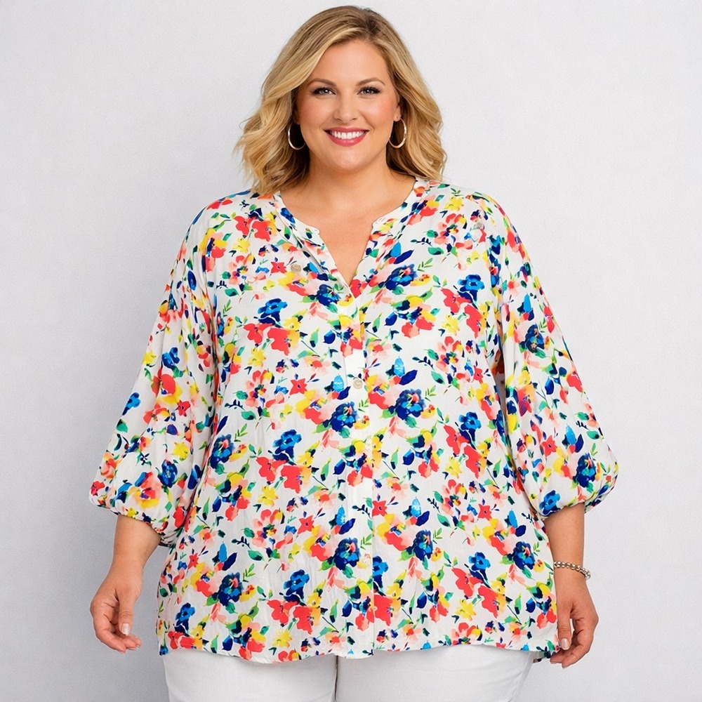 Woman Within Blouse Womens 3X White Floral Popover Cottagecore Boho‎ Romantic